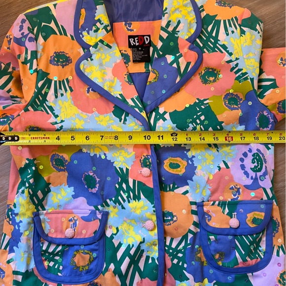 Redd Jeans Floral Sequin Blazer Periwinkle Trim Funky Statement Jacket - Picture 6 of 8